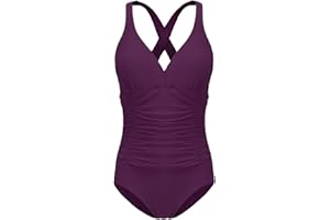 F FLYRONG Women's Swimming Costume Ruched Tummy Control Swimwear V Neck One Piece Cross Strap Swimsuit, UK 12-14, Black