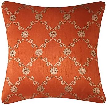 INIHOM Decorative Throw Pillow Cases For Sofas Bed Couch Silk Traditional-Ethnic Gold Printed Cushion Covers (16" x 16", Rust-Orange) - Pack of 1