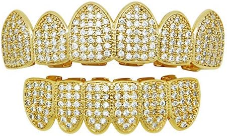 ZTWYT Hip Hop Diamond Gold Braces Plated Gold Metal Jewelry Drilled Tooth Set Poker Top &Bottom Teeth Caps Grillz Set Hip Hop