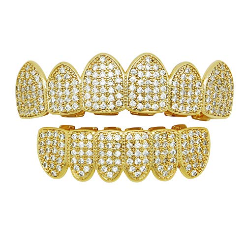 ZTWYT Hip Hop Diamond Gold Braces Plated Gold Metal Jewelry Drilled Tooth Set Poker Top &Bottom Teeth Caps Grillz Set Hip Hop