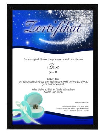 Sternschnuppe / Meteorit mit Echtheits- und persönlichem Taufzertifikat ★ Taufgeschenk – Geschenk zur Taufe oder Geburt für Jungen und Mädchen ★ Inklusive Schnuller-Geschenkbox in blau ★ - 4