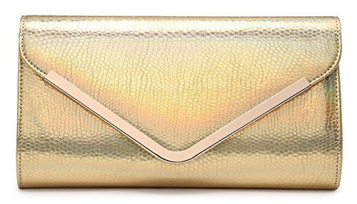 Womens Ladies Metallic Fold Over Flap Prom Party Evening Dressy Occasion Hand Clutch Bags - Y79 (ONE SIZE, GOLD)