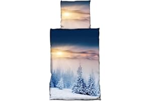 ‎LEONADO VICENTI Leonado Vicenti Bettwäsche 135x200 cm Winter Flausch Thermofleece Bettbezug Deckenbezug Blau Winterlandschaft 2 teilig
