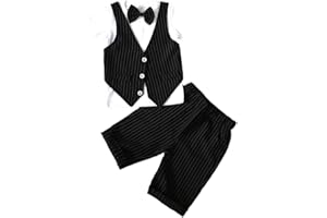 HONGBI Zwei Stück Kinder Streifen Anzug Set Junge Smoking Taufe Hochzeit Festliche Kleidung Set Kurzarm T-Shirt+Fliege+Kurze Hose Gentleman Kinderanzug Sommer Bekleidungssets für Jungen