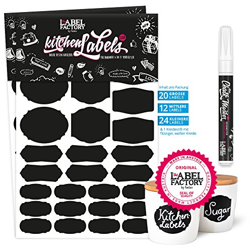 the LABEL FACTORY · 56 Kitchen Labels, schwarz & 1 Kreidemarker, weiß 1mm Präzisionsspitze / 4mm Keilspitze | flüssiger Kreidemarker | Küchen-Etiketten, Gewürz- & Tafel Aufkleber zum Beschriften - 3