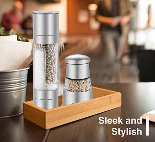 Plemo Salz- und Pfeffermühle 2-in-1 Set aus Edelstahl einstellbarem Mahlgrad unbefüllt mit Keramikmahlwek | Höhe 23,2cm | Design Geschenke für Köche und Gourmets - 6