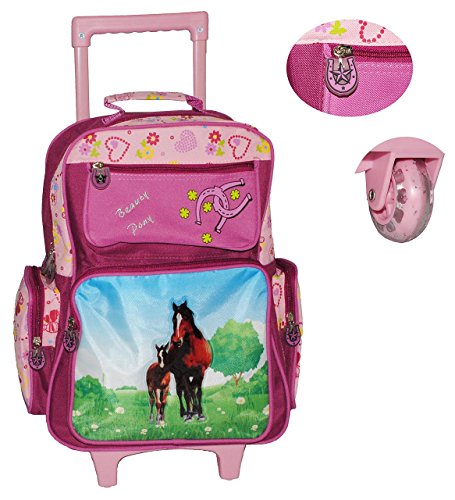 Preisvergleich Produktbild hochwertiger Trolley - 5 Fächer - Pferde / Pony lila - für Kinder - Handgepäck - Stoff Trolly Kindertrolley - Gummirollen - wasserabweisend - Mädchen - Eulen Blumen Koffer / Reisekoffer