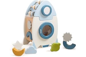 Youuys Giocattolo per Bambini in Legno Montessori 5 in 1 Cubo di attività a Razzo Giocattolo per Bambini di 1 2 3 Anni Regalo di Giochi educativi per Bambini e Bambine
