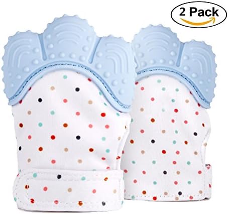 Baby Teether by KingCorey - Pain Relief Teething Mittens for Protecting Babies' Hands, Soothing Toys for Infants Age 2 - 12 Months 2 Pack (pastel blue)