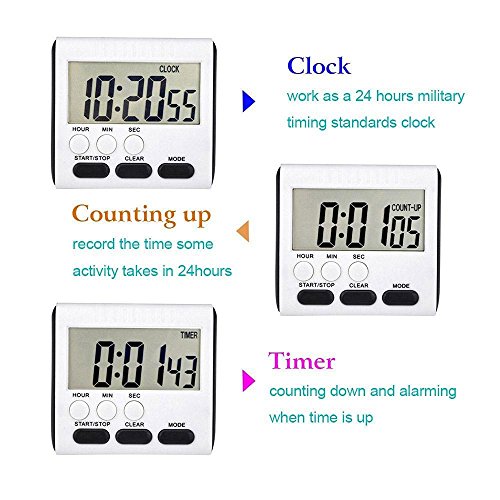 Digital Küche Kochen Timer, KOBWA 24h Magnetische Küche-Timer Küchenuhr Kurzzeitmesser Stoppuhr mit Laut Alarm, Großem Display-Bildschirm, Einziehbare Standplatz Hook, Starke Magnetische Rückseite (inklusive Batterie) - 6