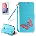Produktbild Girlyard Lederhülle für Motorola Moto E4 Wallet Flip Case, Elegant Bunte Schmetterling Muster Design Schutzhülle mit Lanyard Strap Handyhülle Standfunktion Karteneinschub und Magnetverschluß Etui - Blau