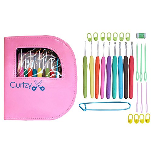 30-tlg. Set ergonomische Aluminium-Häkelnadeln & Accessoires von Curtzy- Nadelset im rosa Behälter - Ideal für Häkelarbeiten, Spitzen, Deckchen und Blumen-Projekte - für Anfänger und Profis