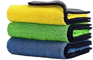 BKN 3pcs Universal Car Wash Cleaning Drying Car Window Towel Double Side Premium Microfiber for Multipurpose Drying Car Window, Glass, Velvet, Interior, Dust (Set of 3, Multicolour)