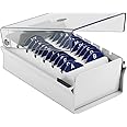 Acrimet Index Business Card Size File Holder Organizer Box Metal Base Heavy Duty (AZ Index Cards and Divider Included) (White Color with Clear Crystal Plastic Lid Cover)