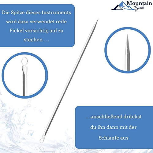 Mitesserentferner | Nummer eins aus dem Testbericht | Das Original von MountaingGoods | 5-teiliges Mitesser,- Pickelentferner Set | E-Book: 7 Tipps für eine gesunde und schöne Haut | Komplettes Profi Set aus 5 verschiedenen Instrumenten | Mitesserentferner – Komedonenquetscher | Behandlung fÙr Pickel, Mitesser und Pusteln | FÙr unreine Haut | Speziell geformte Werkzeuge | Mit Anleitung in Form eines eBooks fÙr die richtige Anwendung | Qualitativ hochwertige Instrumente mit edler Ledertasche - 6