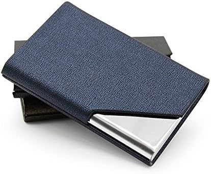 Leather Business Card Case with Stainless Steel Organizer Name Card Holders Card Pocket Case Box (Blue)