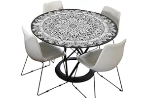 Morbuy-shop Mantel Antimanchas Redondo 90cm, Negro Mantel Elastico Ajustable, Mandala Impermeables Manteles para Decoración Hogar Cocina Comedor Cumpleaños Jardín (para Mesa 70-80cm)
