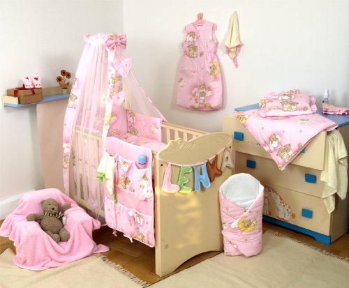 10 PCS BEDDING SET BABY COTBED COT QUILT DUVET COVER BUMPER CANOPY DRAPE+HOLDER (to fit cot bed size 140x70cm, Ladders-Pink)