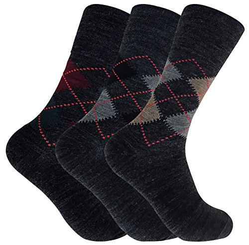 Sock Snob3 Pack Mens Thin Warm Loose Non Elastic Lambs Wool Blend Argyle Pattern Socks for Circulation (6-11 uk, SE049 Grey)