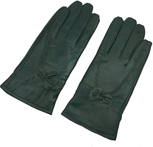 Sandy Ting Women Winter Warm Lambskin Driving Leather Gloves (Large, Green)