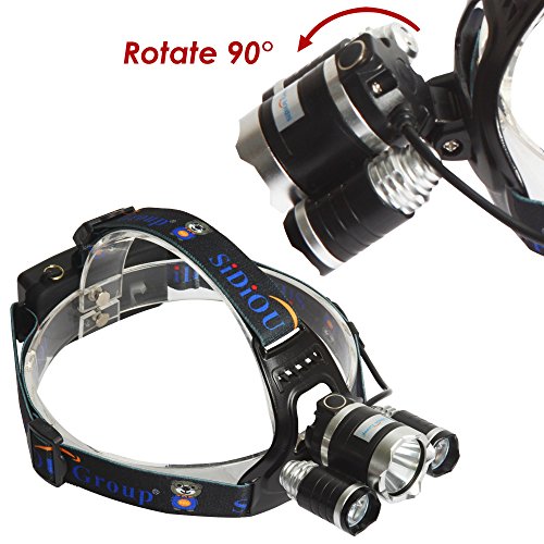 Sidiou Group 30W 5000 Lumen 3x Cree XM-L T6 Led Kopflampe / Stirnlampe, Wasserdicht Wiederaufladbare 3-Birnen High Power Zoom Scheinwerfer für Camping Angeln Radfahren Rennen Gehen Mit 2 x 3,7 V 3000mAh 18650 Akku Und Ladegerät - 3