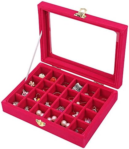 Lantwo 24 Grids Velvet Glass Ring Earrings Jewelry Box Earrings Organiser Storage Holder Display Case