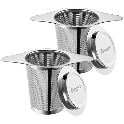 Anpro 2PCS Filtre à Thé Trou Fin Acier Inoxydable Infuseur à Thé Passoire à Thé avec Deux Languettes Et Couvercle pour Mug Tasse Théière- 6cm x 7.5cm