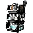 St@llion Set of 3 Small Black Plastic Stackable Basket Multi-Purpose Storage Kitchen Shelves Veg Rack Fruit Storage Stand Stacking Shelves Stationary Basket (Pack of 1)