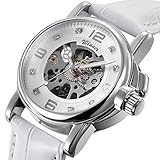 Gute Damen Weiß Skelett Analog Steampunk Automatik Mechanik Armbanduhr Weiß Lederband