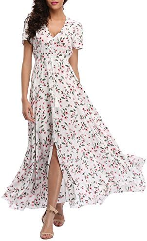 VOGMATE Women's Long Split Button up Summer Maxi Dress Floral Beachwear Holidy Dress High Waist with Short Sleeves