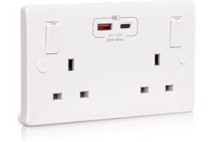 LEDIVION Double Wall Socket with USB C Port 20W Fast Charging Standard UK Plug Socket 13 Amp 2 Gang White