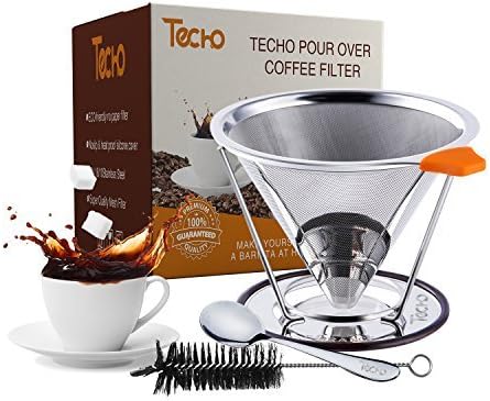 TECHO DIY Pour Over Reusable Coffee Filters 4 Cups Stainless Steel Cone Dripper with Stand Spoon Brush