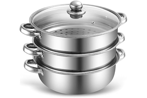 Ångkokare 28 cm, ångkokare med ånginsats – ångkokare i rostfritt stål lämplig för induktion och diskmaskin – 3/4-vånings-set med glaslock – för grönsaker, potatis, barnmat och mer (3)