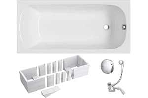 VBChome Badewanne 150x70 cm Acryl SET 3in1 Wannenträger Siphon Wanne Rechteck Weiß Design Classic Styroporträger Ablaufgarnitur in Chrom Viega Simplex für 1 Personen (150x70)