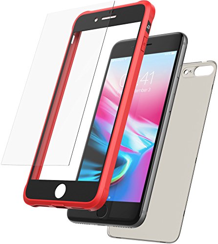 Mobilyos Funda iPhone 8 Plus 360 Grados + Vidrio Templado, [Bumper Flexible Antigolpes ] [ Rojo y Negro ] Funda iPhone 7 Plus Integral con Trasera Transparente Tintada