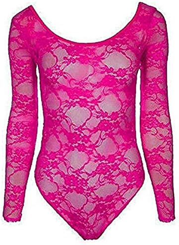 Fashion 4 Less Womens Ladies Plus Size Mesh Insert Lace Leotard Bodysuit Body con Top 8 to 26 (UK-12-14, Cerise)
