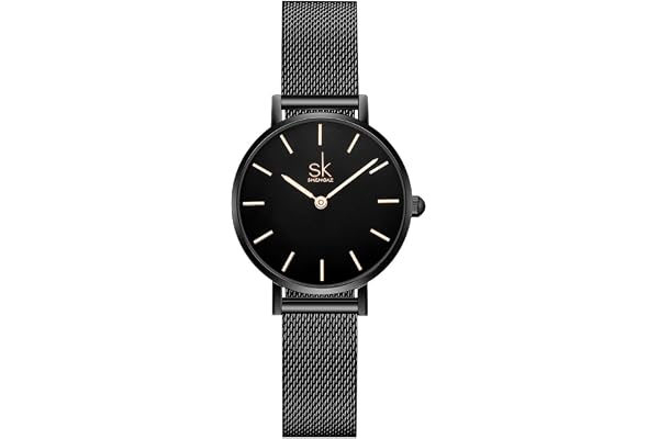 SK Montre pour Femme Ultra Fine et Minimaliste avec Deux Aiguilles et Bracelet en Cuir