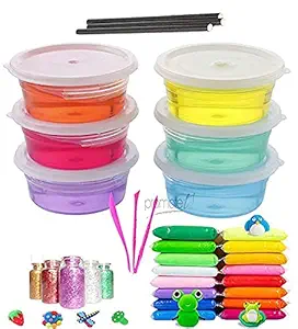 Promote Trader DIY Jelly Kit with 6 Crystal Slime and 12 Air Dry Clay Combo with Free Glitter and Tools + Straws for Kids Boys and Girls/Art and Craft Kit