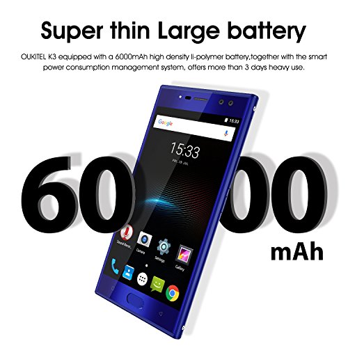 Oukitel K3 4 Kameras Handy Ohne Vertrag 6000mAh Akku 5.5 Zoll Touch-Display 1920*1080pixel Double (16MP+2MP) 64GB Interner Speicher 4GB Ram Octa Core 4G Dual SIM Smartphone Fingerabdruck-Blau