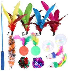 Pets Empire Cat Feather Toys,14pcs Interactive Cat Toys, Cat Teaser Wand with 5 Feathers, 2 Crinkle Balls, Feathers Balls, 2 Mouse, 2 Clear Balls