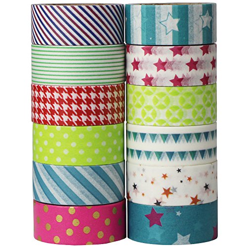 EDGEAM 12er Washi Masking Tape Set Dekorative Klebebänder für DIY Scrapbooking 01-1A