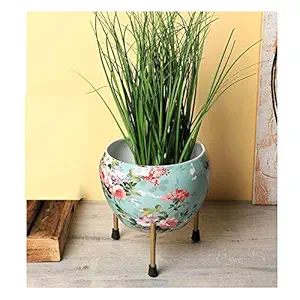 Iron Stand with Pot Firozi Color with Flower Print hight-10cm Pot Dia- 13cm Stand hight-7cm Sold by The Radiant