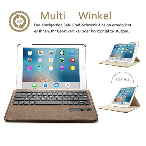 Ipad 9.7 Bluetooth Tastatur Hülle, Boriyuan 360 Grad drehbar Leder Case Schutz Tasche Cover mit Bluetooth Wireless Tastatur (Deutsche QWERTZ) keyboard case für Apple iPad 9,7 Zoll 2017 (Braun) - 3