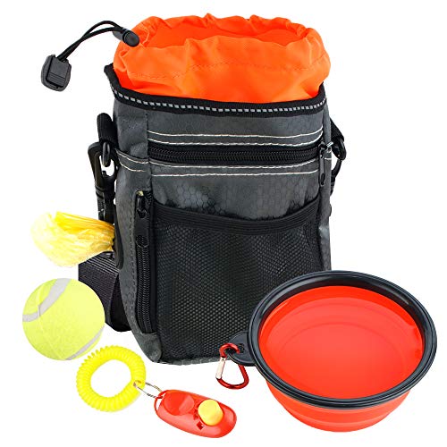 4 Pack Bolsa de Entrenamiento para Perros, Bolsa Premios Perro - Impermeable con Correa Ajustable y Correa para el Hombro - Cuenco Agua Plegable, Bolsa Dispensadora de Caca, Pelota Tenis y Clicker!