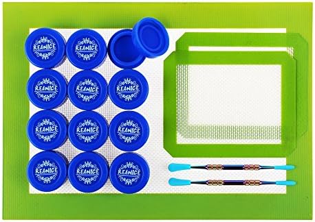 REANICE BOX 12-PACK Dab Wax(10ML)+1-PACK Non Stick Silicon Liner(30x21cm/Kitchen things/Gray)+2-PACK Small Silicone mat (13x10.5cm/Green)+2-PACK Oil Wax Carving Tools Stainless steal(12cm)