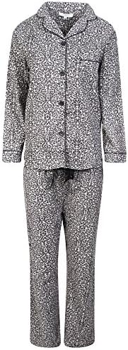 Womens 100% Flannel Fleece Leopard Pyjamas Ladies Nightwear Button Shirt Trouser (Large 16/18, Grey Leopard)