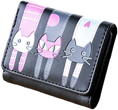 meizu88 Women's Trifold Cartoon Cat Coin Purse Card Holder Short Wallet size 9cm x 11cm (Black)