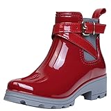  ukStore Damen Gummistiefel Regenstiefel Kurzschaft Stiefel Blockabsatz Chelsea Boots Rain Schuhe, Rot 40