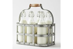 Almineez Galvanised Nostalgia 6 Milk Bottle Holder Metal Wire Tidy Farmhouse Crate Rack Carry Carrier Doorstep Store Drink Beer Wine Kitchen Storage Organiser Holder Caddy with Integrated Handle