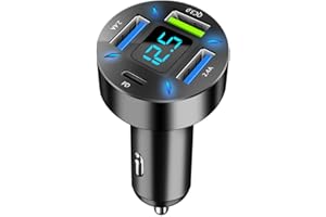 4-Port USB C Auto Ladegerät Zigarettenanzünder Adapter, 50W QC3.0,PD Schnellladegerät mit LED Voltmeter 12V USB Buchse kompatibel mit iPhone, Android, Samsung, Tablet und allen Smartphones